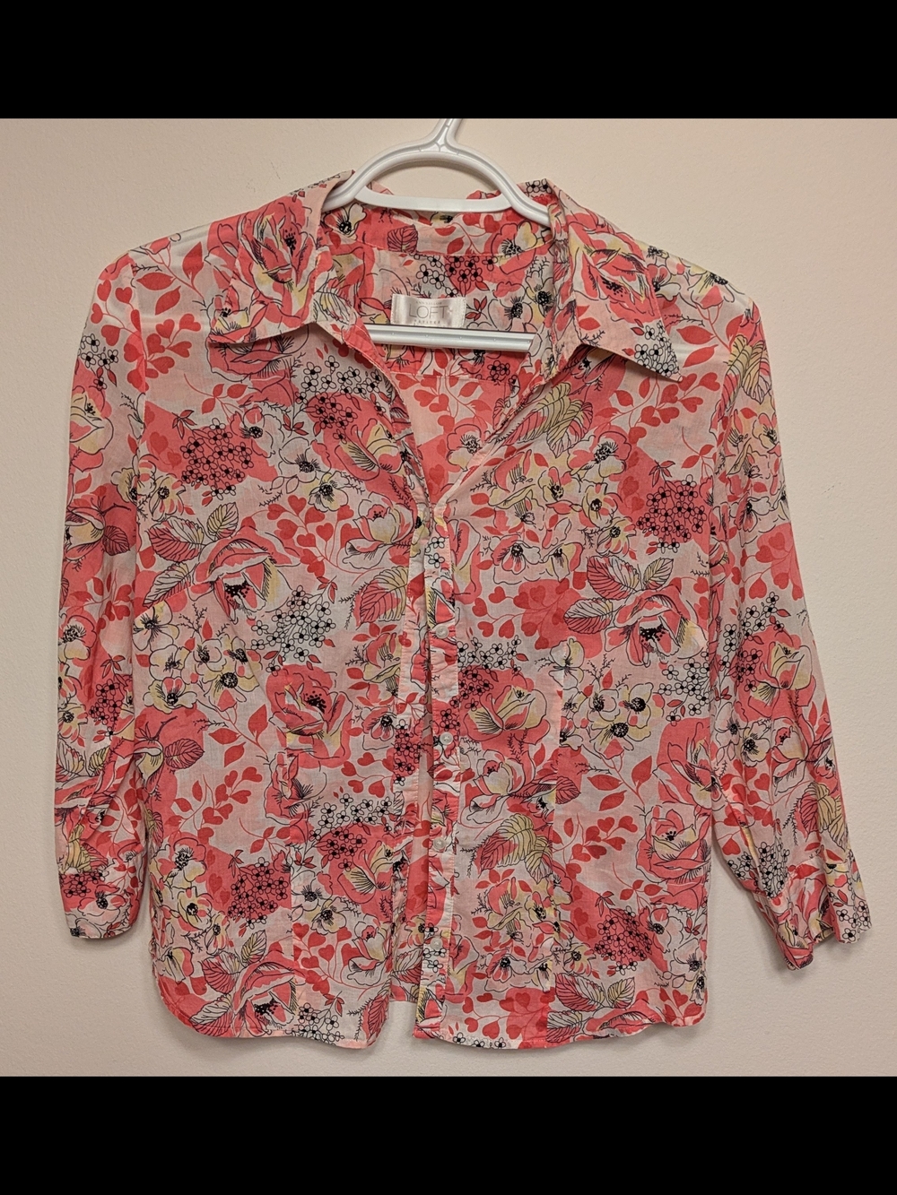 LOFT Petite Pink and Cream Floral Blouse